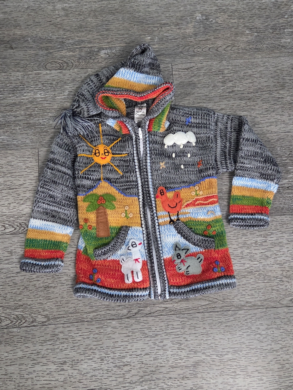 Gray Hooded Kids Zip Sweater with Colorful Animal & Nature Appliqués